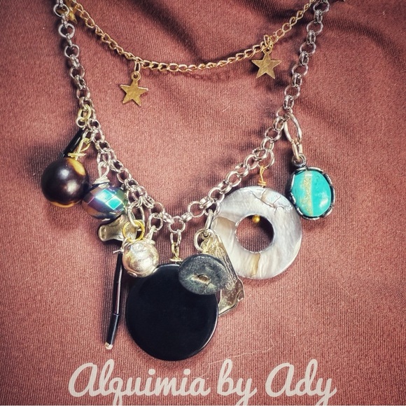 Turquoise and onyx layered multi charms necklace - Picture 1 of 4